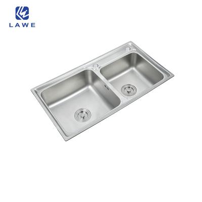 China Without Faucet Square Shape Double Bowl Sink With Pressing Stainless Steel Sink Mouted Top Kitchen Sink for sale