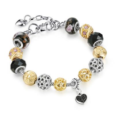 China Popular Fashion Trendy DIY Alloy Beads Bracelets Heart Beaded Black Bracelet For Girlfriend Gift Bracelet for sale