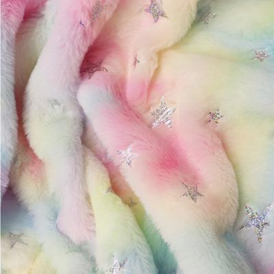 China Soft Rainbow Color Tie Dyed Faux Rabbit Fur Long Pile Plush Knitted Weft Fabric for sale