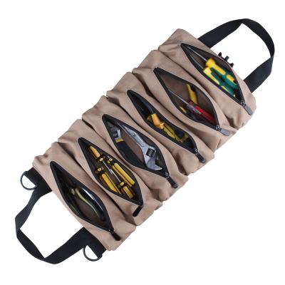 China Custom Multi-Pocket Multi-Pocket Canvas Tool Pouch Organizer Carrier Roll Up Rolling Tool Bag for sale