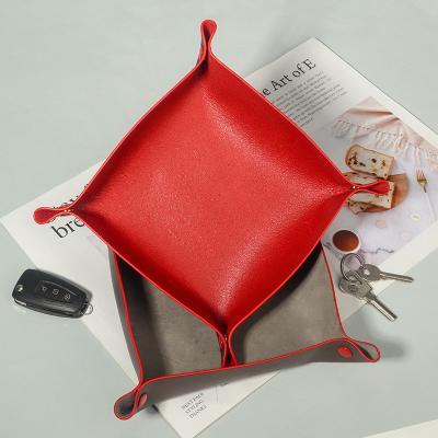 China Custom Viable Logo Leather Valet Tray Foldable Storage Organizer Travel Multi Use Tote Tray For Jewelry Coin Keys for sale