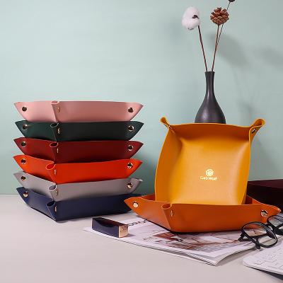 China Viable Foldable Leather Desktop Jewelry Storage PU Coin Master Tray Home Table Basket Box Change Phone Wallet Sundries Valet Tray for sale