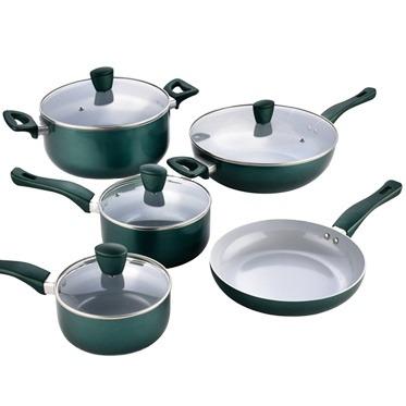 China Sustainable Kitchen Cookware Set , 9PC Pressed Aluminum Ceramic Cookware Set With Glass Lid Green for sale