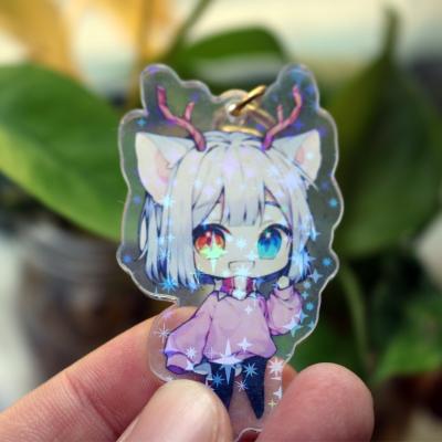 China Custom Keepsake Gifts Plastic Cartoon Cute Anime Holographic Acrylic Charms Round Clear Rainbow Acrylic Key Chains Maker for sale