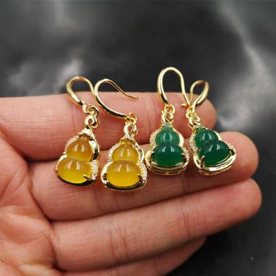 China New Trendy Gold Plated Yellow Dangle Earrings 925 JAde Calabash Earrings Silver Green Color Agate for sale