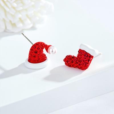 China 925 Silver Needle Hot Selling Trendy Crystal Christmas Sock Earrings Jewelry Cute Red Santa Hat Earrings for sale