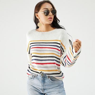 China Custom Wholesale Flower Stripe Neck Beige Long Sleeve Cropped Top Knitted Sweater for sale