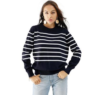 China 2021 Autumn Tops Women's Long Sleeve Sweater Wholesale Block Striped Women's Fashion O-neck Color Sweater for sale