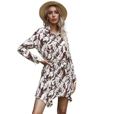 China Anti-wrinkle women dresses fall 2021 new slim pullover lapel print lace up dress temperament skirtOther dresses for sale