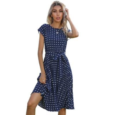 China Anti-wrinkle women dresses 2021 new sweater polka dot printed round neck dress for women middle and long style is hot summerOther dresses for sale