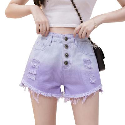 China Summer 2022 New Breathable Purple Denim Shorts Women's High Waist Thin Gradient Loose Wide Leg Pants for sale