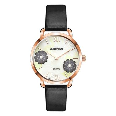 China Water Resistant Private Label Custom Watch Genuine Leather Strap Women Watch Rose Gold Bezel 5D Printing Flower Shape Dial Quartz Luxury Watch for sale