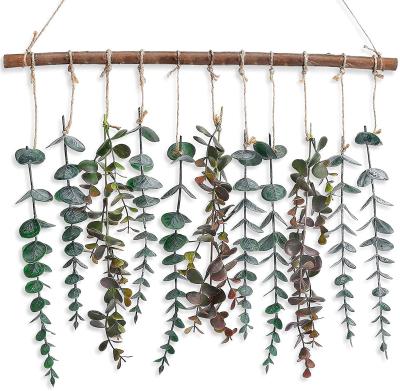 China Contemporary Faux Greenery Leaf Decor Artificial Farmhouse Eucalyptus Leaves Wall Hanging With Wooden Stick for sale