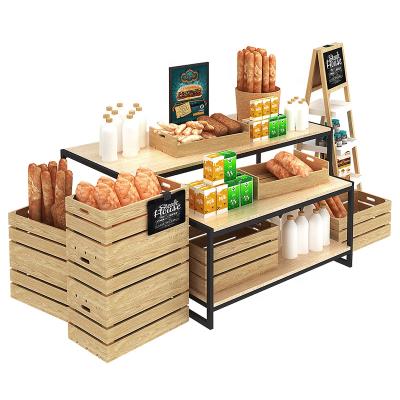 China Eco - Friendly Black Board Rack Wood Bakery Shop Furniture Advertising Bread Food Display Rack for sale