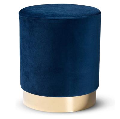 China Modern storage padded with foam and upholstered in navy blue/gold fabric rounded metal base stools with velvet cushion seat for sale