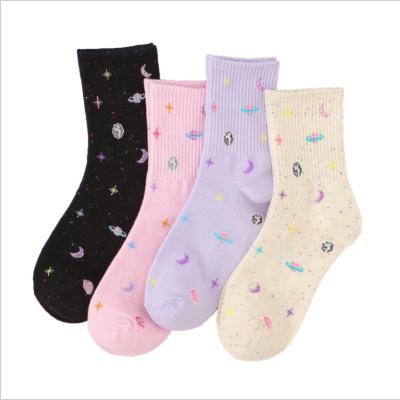 China QUICK DRY Womenn Socks Planet Space Cartoon Cotton Tube Bangs Harajuku Creative Moon Stars Girls Funny Socks for sale