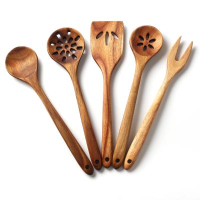 China Stocked 5pcs Natural Acacia Wood Kitchen Utensil Set Cooking Tools Kit Kitchenware Accessories 100% Eco-friendly for sale