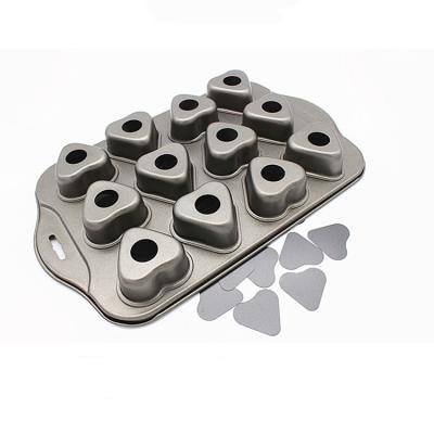 China Stocked No Stick Heart Shape 12 Cups Removable Bottom Mold Mini Cheesecake Cupcake Pan With Handle Bakeware Tools for sale