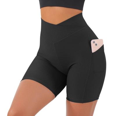 China Other High Waist Women Workout Shorts Fitness Yoga Biker Shorts Stretch V Waist Exercise Sports Yoga Shorts Side Pockets for sale