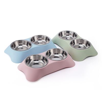 China 2022 Hot Selling Multicolor Double Pet Bowls Non-automatic Factory Safety PP Large Size Stainless Steel Drop Durable For Dog Cats for sale