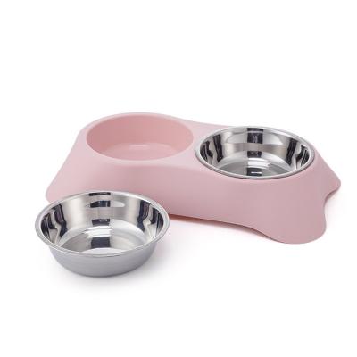 China Non-automatic Non-automatic Easy Clean Plastic Pet Driver Cat Dog Double Bowl Stainless Steel Pet Supplies Non-Slip Bowl for sale