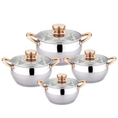 China Stocked HausRoland 10 pcs stainless steel cooking pot set with rose gold handles and covered set of quality stainless steel cookware for sale