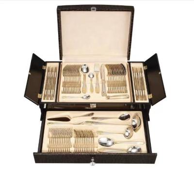 China High Quality Leather Stocked Case Stainless Steel Wooden Gold Plated Western Food Knife Fork Spoon 72 Piece Set for sale