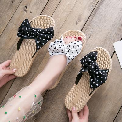 China Women's Canvas Slippers Non-slip Bowknot Slippers Summer Anti-odor Women Wave Dot Japanese Cute Indoor Canvas Home Shoes for sale