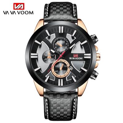 China New Style Color Man Automatic Quartz Watch Strange Genuine Leather Strap 3 Dials Date VAVA VOOM 2302 Date Display Simple Casual Musculino Relogio for sale