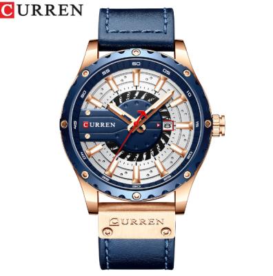 China Day/date Curren 8374 leather strap water proof date display watch manufacturer quartz wholesale watches for sale