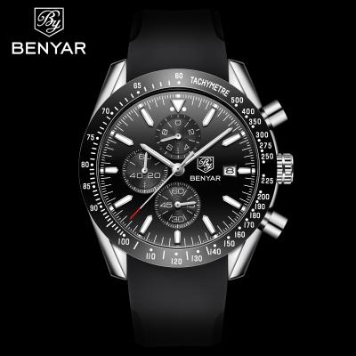 China Benyar 5140 fashion men's casual wristwatch quartz chronograph watch pot silicone band date waterproof character display blue for sale