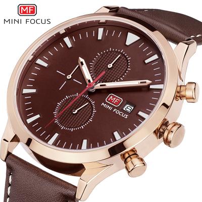 China NEW MINI FOCUS MF0015G Style Brown Man Quartz Watch Pot Leather Strap Day/Date Water Resist Analog Display Simple Casual Wrist Watch for sale