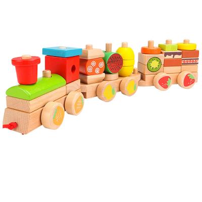 China Wooden Colorful Wooden Toys Stacking Train For Children Fruit 3 Building Block Trains Kids Toy for sale