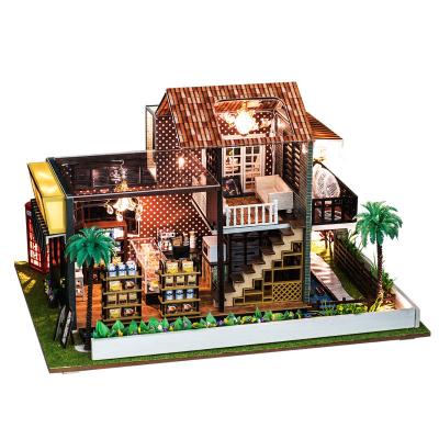 China DIY TOY Amazon Hot Sale DIY Wooden Dollhouse With LED Toys For Kid Caffe Wooden Dollhouse Craft Toys For Children for sale