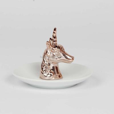 China Plate Decorative Ceramic Ring Tray Dish With Unicorn Trinket Ring Dish Home Jewelry Wedding Gift for sale