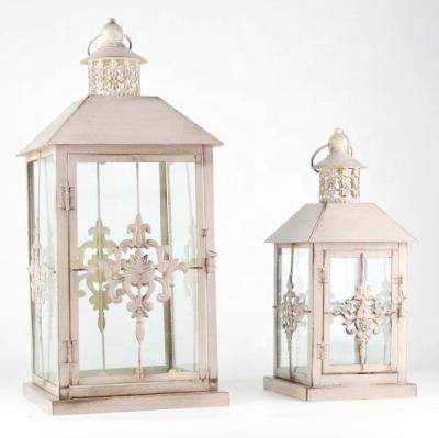 China Home Decoration Set of 2 Farmhouse Metal White Lanterns Decorative Hanging Candle Lanterns for sale