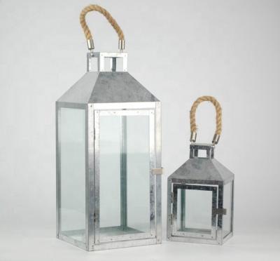 China Home Decoration Antique Galvanized Iron Sheet Lantern Hanging Galvanized Lantern With Rope Handle for sale