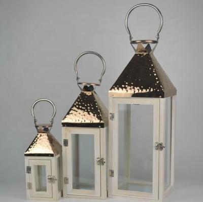 China White Wooden Lantern 3 Home Decoration Set With Plating Metal Top for sale