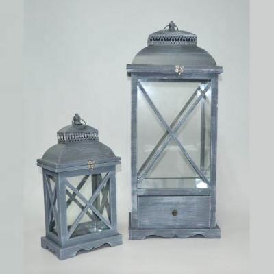 China Home Decor Set of 2 Garden Decoration Wooden Lantern with Gray Metal Top for sale