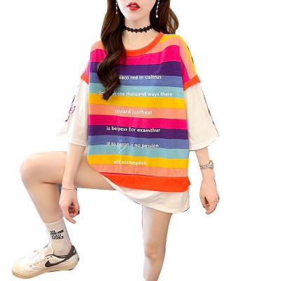 China 2020 Summer Loose Rainbow Sleeve Anti-Wrinkle Short Striped T-shirt Women's Korean Student T-shirt Tops New for sale