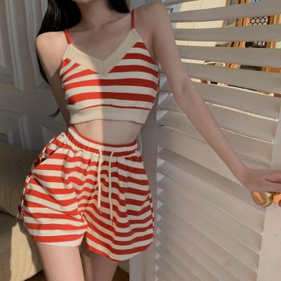 China 2021 women's two piece striped camisole summer top tight shorts QUICK DRY 2 piece suit sports activewear for sale