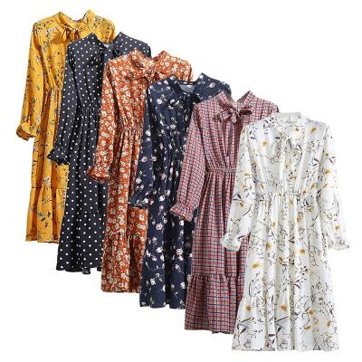 China 2020 Anti-Static Vintage Chiffon Dress Summer Floral Printing Women Long Sleeved Retro Dress Collar Casual Slim Dresses for sale