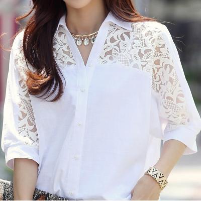 China Spring and Autumn Women's Stitching Lace Anti-pilling Shirt Tops Korean Office Fashion Loose White Chiffon Sleeve Five-Point Shirt Blusas for sale