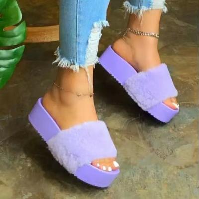 China Feminine Women's Plush Fur Platform Sandals Slippers Indoor Open Toe Fuzzy Lightweight Fluffy Slippers for sale