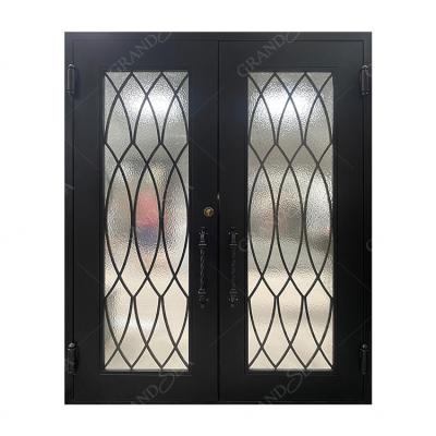 China Grandsea Security Anti-theft Residential Double Grill Iron Double Glass Entry Door For Villa Modern Wrought Iron Front Entry Door for sale