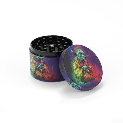 China Zinc Tobacco Grinder 4 Layers With Colorful Printing Custom LOGO 63 Mm Large Design Herb Grinder Black 4 Layers Waterdrop Coating With Sharp Teeth Scraper Wholesale for sale