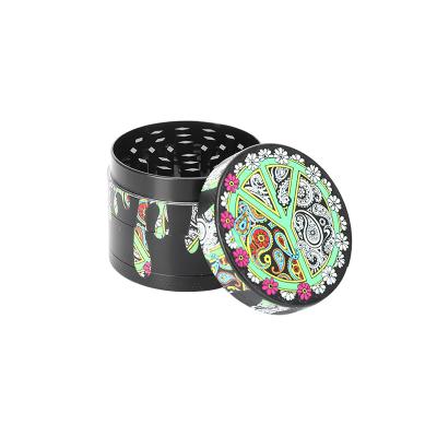 China Zinc Tobacco Grinder 4 Layers With Colorful Printing Custom LOGO 50 Mm Design Manual Herb Grinders Black 4 Layers Waterdrop Coating With Sharp Teeth Scraper Wholesale for sale