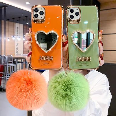 China Mirror Shockproof Red Silicone Makeup Soft Drop Shipping Phone Case For iPhone 12 Phone Case With Hairball for sale