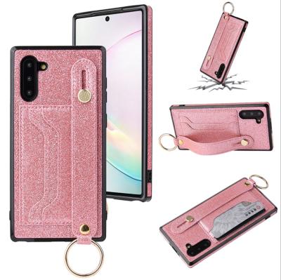 China Single Bracket Powder Wristband PC+Leather Snap Card Slot Phone Case Cover For iPhone 11 Pro Max for sale