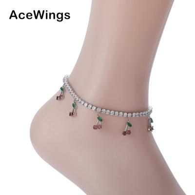 China Hiphop A001 4mm CZ Brass Tennis Anklet Chain With 5 Cherry Charms With Iced Out Bling Bling Cubic Zirconia Supplement Chain For Women for sale